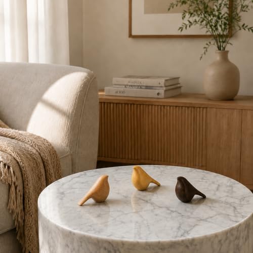 Set of 3 Natural Beech Wood Bird Sculptures – Modern Shelf & Table Decor
