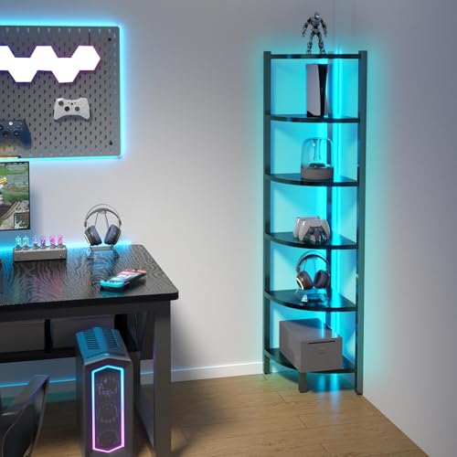 6-Tier Corner Bookshelf with LED Lights, Industrial Steel Display Stand