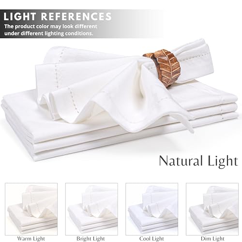 Set of 12 Linen Blend Cloth Napkins - 20x20 Inch White Hemstitched Dinner Napkins