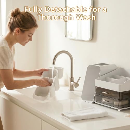 White Large Capacity Makeup Organizer with Brush Holder for Vanity & Bathroom