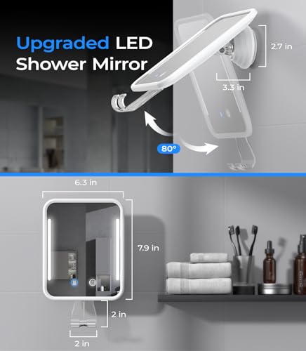 Gospire White Heated Fogless Shower Mirror with LED Light & Rotation