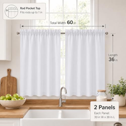 White Faux Linen Tier Curtains 36 Inch - Light Filtering Cafe Curtains, 2 Panels