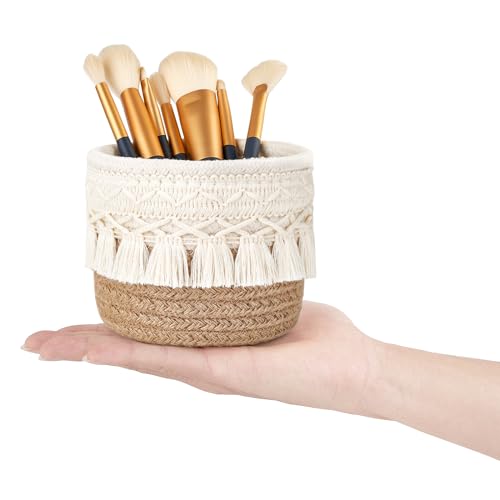 Mkono Mini Boho Macrame Makeup Brush Holder Set of 2 - Yellow & White, X-Small