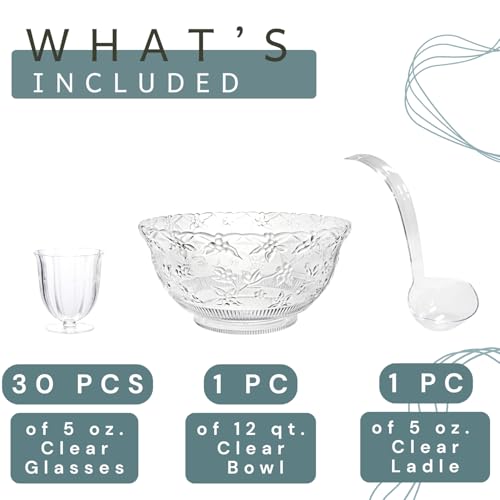 3-Gallon Embossed Plastic Punch Bowl Set with Ladle and 30 Goblet Cups