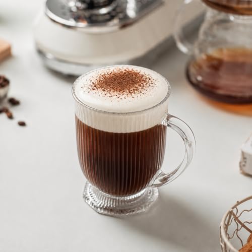 KEMORELA 16oz Ribbed Glass Coffee Mugs Set - Large Handle, No Spoons, 4 Pack