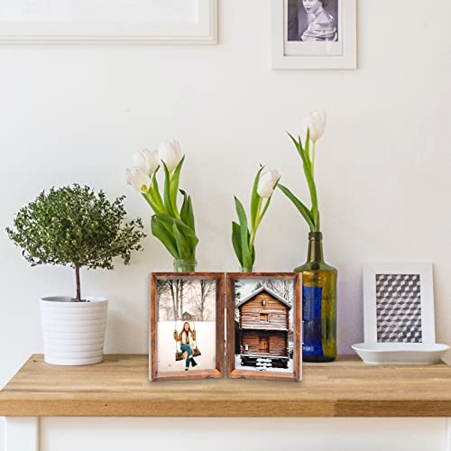 TOFOREVO Rustic Brown 5x7 Double Picture Frame Pack of 3 - Hinged Beveled Wooden Photo Frame for Desktop & Wall Display
