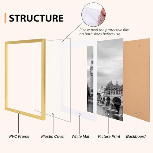 8x10 Gold Picture Frame Set of 6 - Thin Border Wall & Tabletop Display