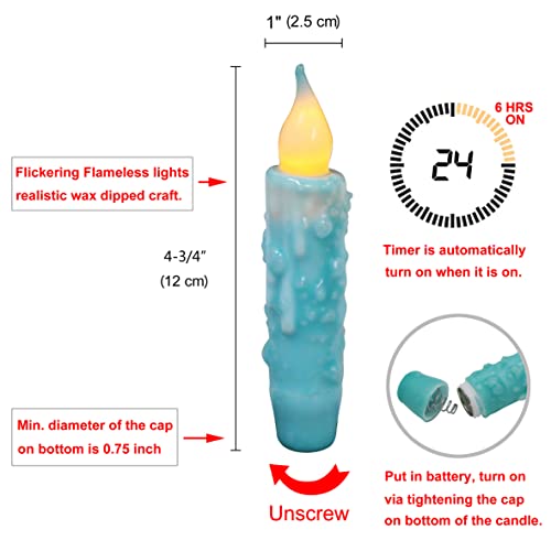 CVHOMEDECO Teal Flameless Taper Candles - Battery Operated, 3 Pack, 4-3/4 Inch