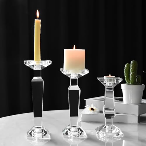 Marvala Crystal Candelabra Set - 3-in-1 Reversible Candle Holders for Taper, Pillar & Tealight Candles - SML Set of 3