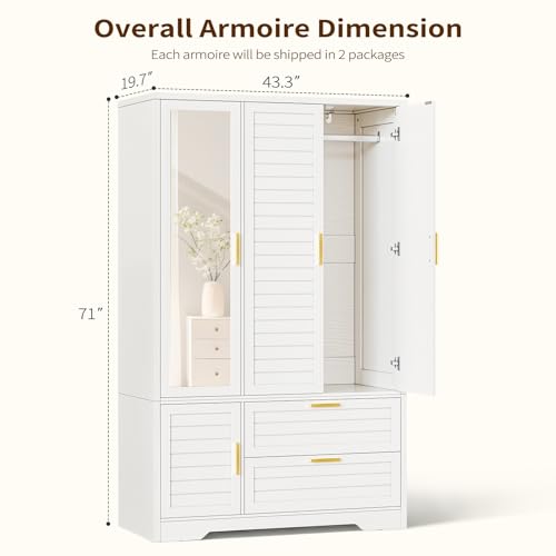 71-Inch Wood Wardrobe Closet with Mirror, 3 Doors and 2 Drawers