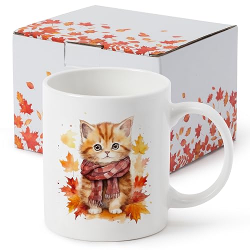 R.HORSE Fall Cat Coffee Mug 11.2oz Cute Ceramic Cat & Maple Leaf Design