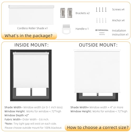 Cordless Blackout Roller Shades | 22" W x 72" H, Thermal Insulated, UV Protection