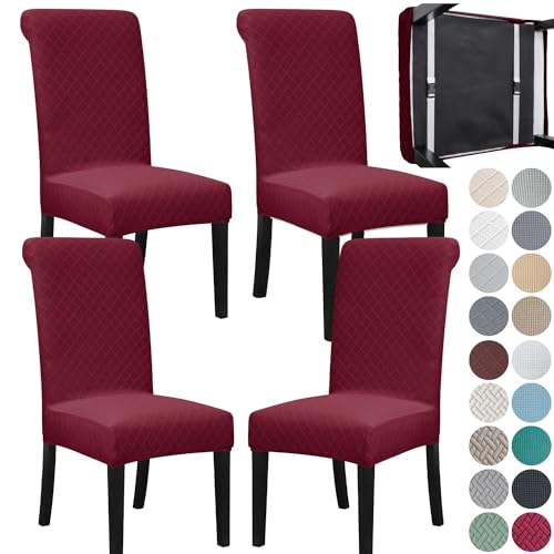 SPRINGRICO 4-Pack Dining Chair Slipcovers with Elastic Seat Belts – S2-Wine Red, Washable