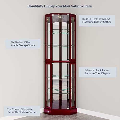 Corner Curio Cabinet with Glass Doors, Lighted Display Shelf, 6 Adjustable Shelves