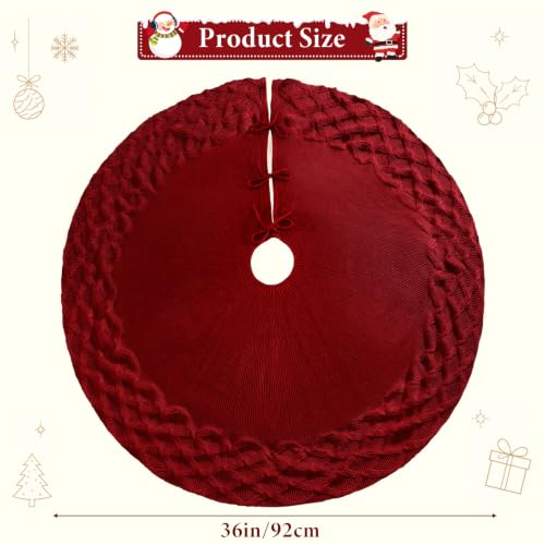 TOCHGREEN Red Knitted Christmas Tree Skirt 36 Inches - Diamond Cable Knit