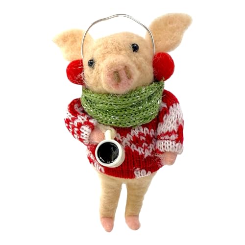 Pig Christmas Ornament – Felted Wool Coffee Sweater Figurine, 5-inch