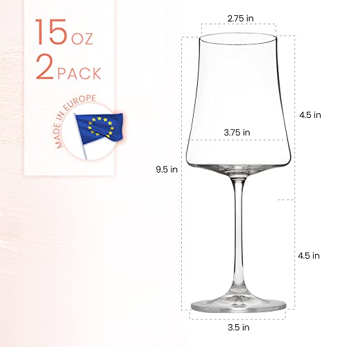 BENETI 15oz Crystal Wine Glasses Set of 2 - Handmade European Stemware