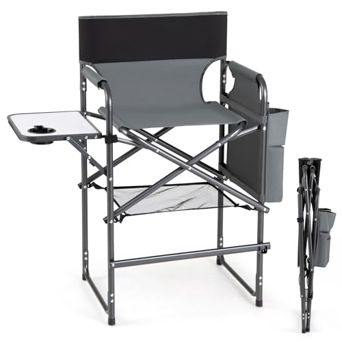 Folding Tall Director Chair with Side Table and Storage Pockets, 26" Seat