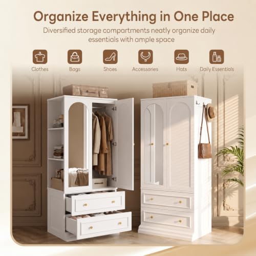 71-Inch Freestanding Wardrobe Closet with Full-Length Mirror and Drawers