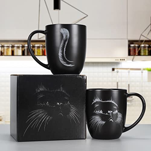 Black Cat Coffee Mug - 14 oz Hand-Drawn Ceramic Gift for Cat Lovers