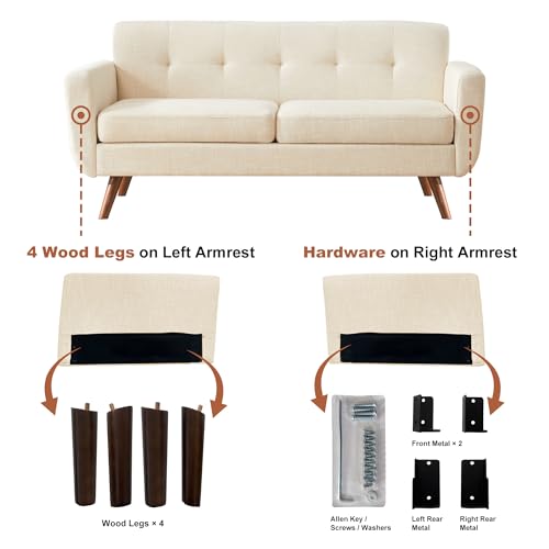 65-Inch Mid-Century Modern Loveseat Sofa, Upholstered Small Couch, Beige