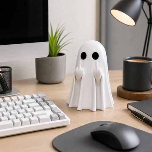 Funny Middle Finger Ghost Figurine, Sassy Resin Halloween Desk Decor