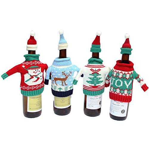 Christmas Wine Bottle Covers and Hats Kit - 4 Pack Ugly Sweater Style Decorations