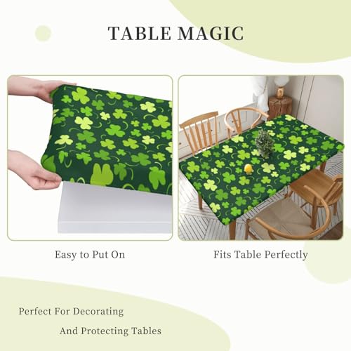 Fiokroo St. Patrick's Day Rectangular Tablecloth 60 x 30 Inches with Elastic Edge, Lucky Clover Design, Washable Holiday Party Decor
