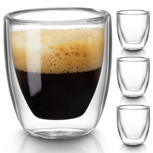 Gencywe Double Walled 3oz Espresso Cups Set of 4 - Insulated Glass Mugs for Coffee & Tea