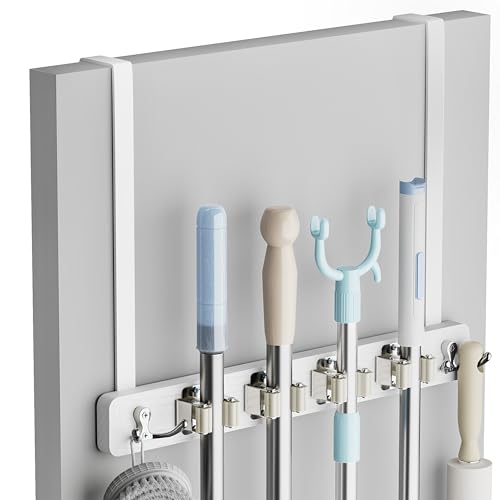 Over the Door Broom and Mop Holder - 4 Slots 4 Hooks Wood Rack