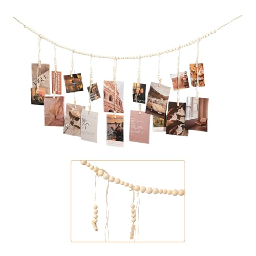 Boho Wooden Bead Hanging Photo Display with 18 Clips - 43-Inch Wall Garland