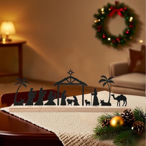 FESTGLOX Large Black Metal Nativity Scene Christmas Set with Wooden Base