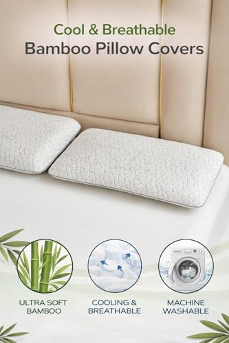 Quilted Bamboo Pillow Protector - Queen Cooling Pillow Cover with Zipper