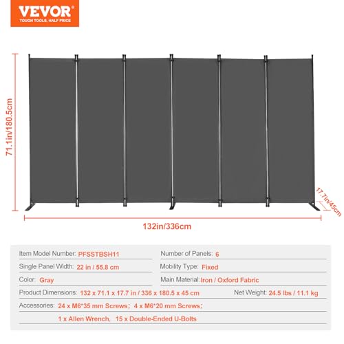 6-Panel Folding Room Divider, Portable Privacy Screen Partition, Grey