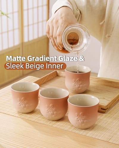 ZENS Pink Sakura Matcha Tea Cups Set of 4 - 210ml Ceramic Japanese Style