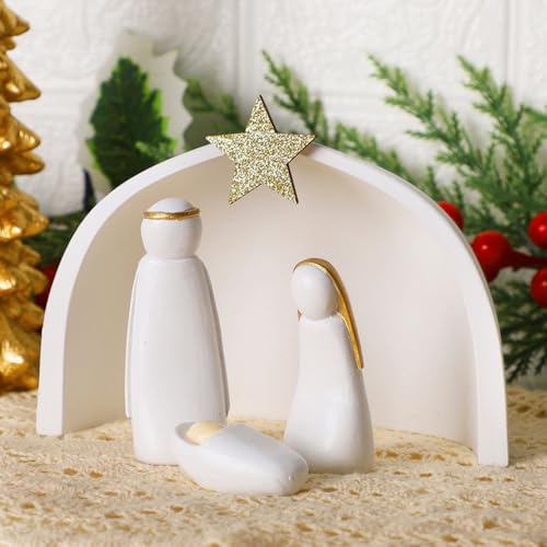 Miniature Nativity Set, 4-Piece Holy Family Resin Figurines for Christmas