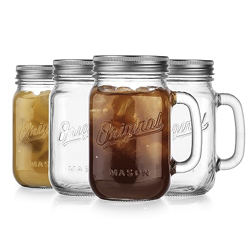 Glaver's Set of 4 16Oz Mason Jar Glass Mugs with Handle & Lid - Home Essentials