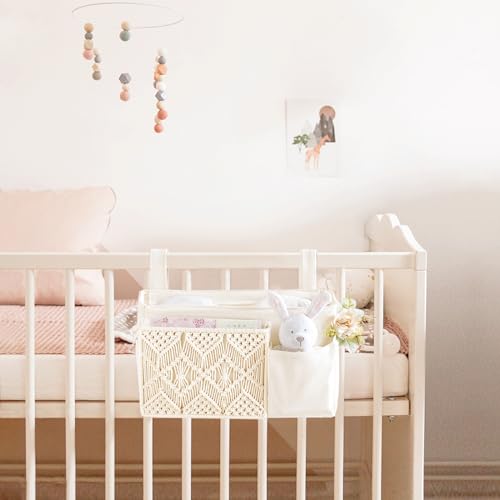 Macrame Bedside Hanging Organizer with 4 Pockets and Metal Hooks