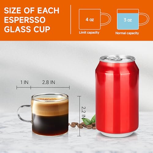YMMIND 4-Pack 4oz Glass Espresso Cups with Handles, Microwave & Dishwasher Safe