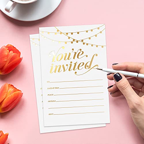 25 Gold Foil Party Invitations with Envelopes, 4x6 Premium Cardstock Cards