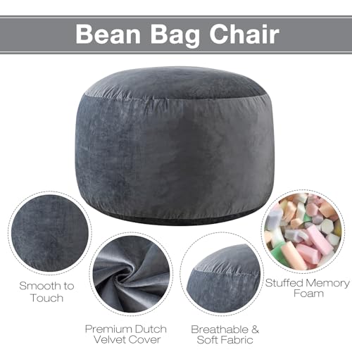 3ft Memory Foam Bean Bag Chair - Ultra Soft Velvet Sofa, Dark Grey