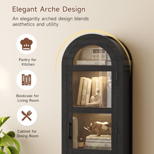 71" Narrow Arched Display Cabinet with Glass Doors and Dimmable LED Lights