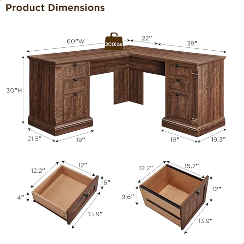60-Inch L-Shaped Executive Desk with Charging Station and Storage Drawers