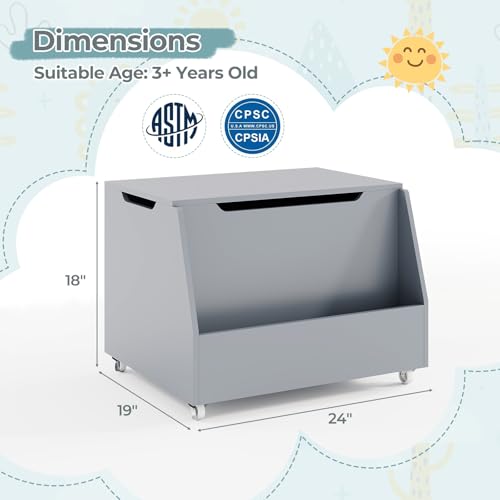 Wooden Kids Toy Storage Chest with Wheels and Soft-Close Lid, Gray