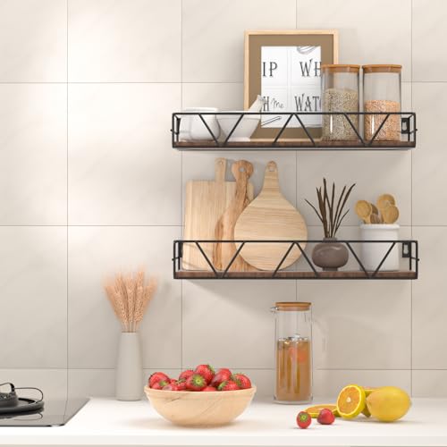 Floating Shelves Set of 3 Wood Wall Shelf with Metal Guardrail