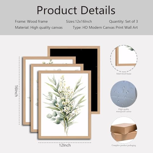 3-Piece Framed Botanical Wall Art Set, Sage Green Watercolor Floral Canvas