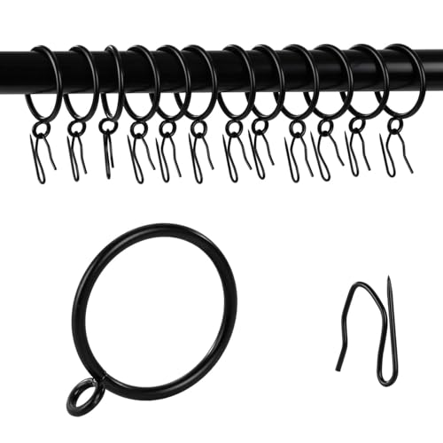 24-Piece Metal Curtain Rings with Hooks, 1.25-Inch Inner Diameter, Black