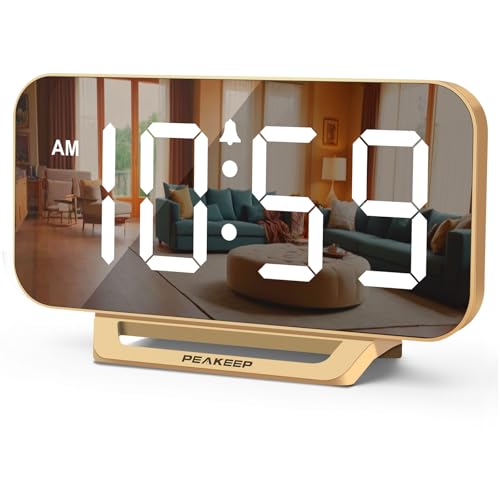 Digital Mirror LED Alarm Clock with 6 Dimmers & Battery Backup - Gold