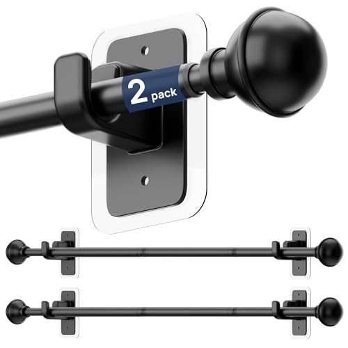 No-Drill Adhesive Curtain Rods 2 Pack - Adjustable 28-48 Inch, Black