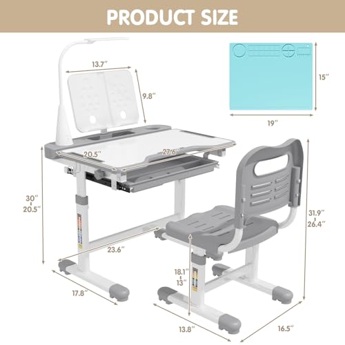 Height Adjustable Kids Desk and Chair Set with LED Lamp and Silicone Mat